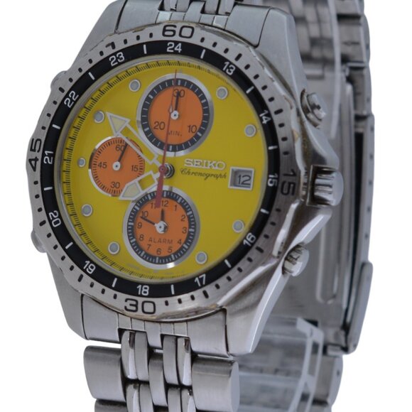 Rare Men's Seiko Alarm Chronograph 1998 Nagono Olympics Yellow Watch 7T32-7C70! - Picture 3 of 9